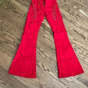 Edikted  Red Lace Up Front Flare Leg Jeans, Sz M